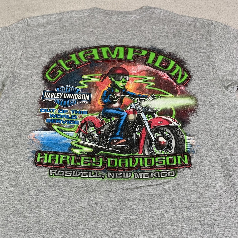 Harley Davidson Shirt Mens Medium Gray Champion Alien Roswell New Mexico Tee